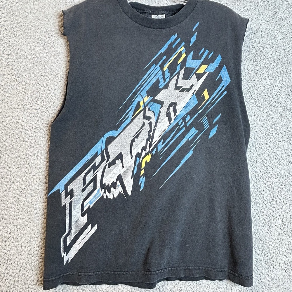 Vintage Y2K Fox Racing Sleeveless Graphic T-Shirt Size Medium Faded Black